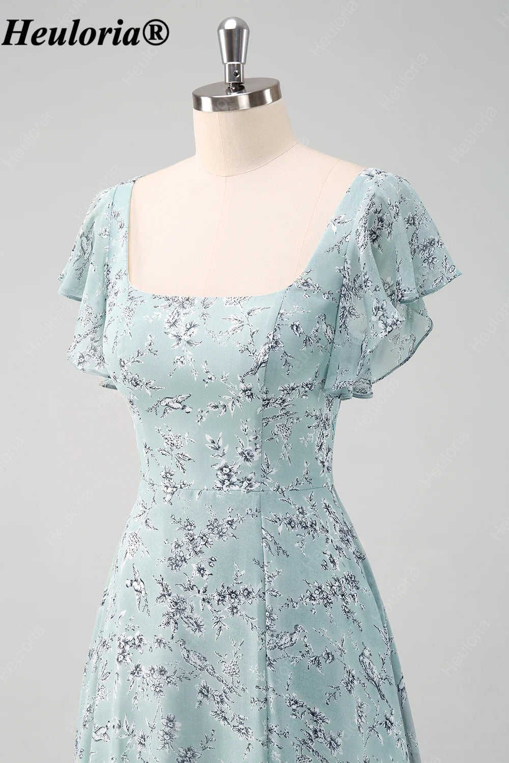 heuloria-Grey Green Floral Square Neck Flutter Sleeve Bridesmaid Dress-ed-558