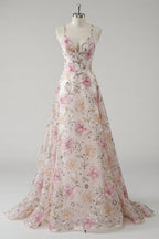 HEULORIA Enchanting Floral Embroidery Sequin A-Line Prom Dress with Spaghetti Straps & V-Neck ED-651
