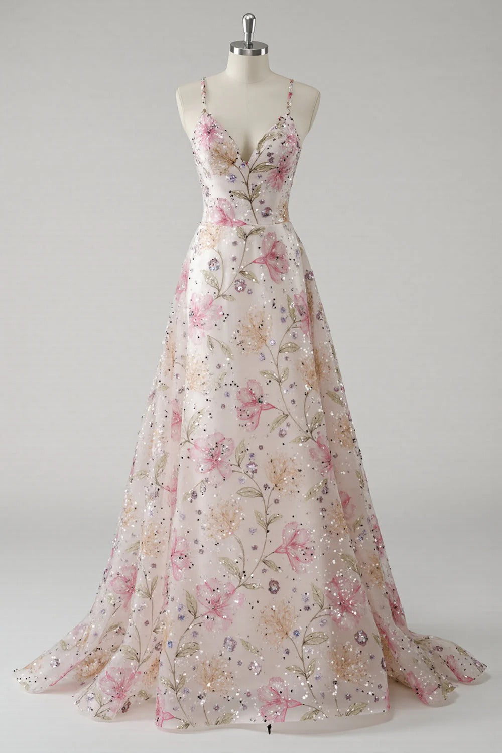 HEULORIA Enchanting Floral Embroidery Sequin A-Line Prom Dress with Spaghetti Straps & V-Neck ED-651