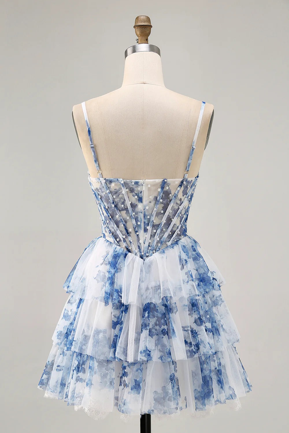 HEULORIA Whimsical Blue Floral Pearl Beaded Corset Mini Dress - Tiered Pleated Tulle Party Gown ED-613