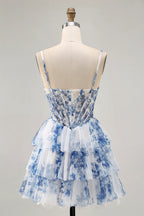 HEULORIA Whimsical Blue Floral Pearl Beaded Corset Mini Dress - Tiered Pleated Tulle Party Gown ED-613