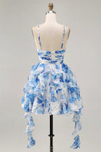 HEULORIA Pearl Beaded Straps Floral Ruffle Mini Homecoming Dress - Whimsical Tiered Rose Print Cocktail Gown ED-614