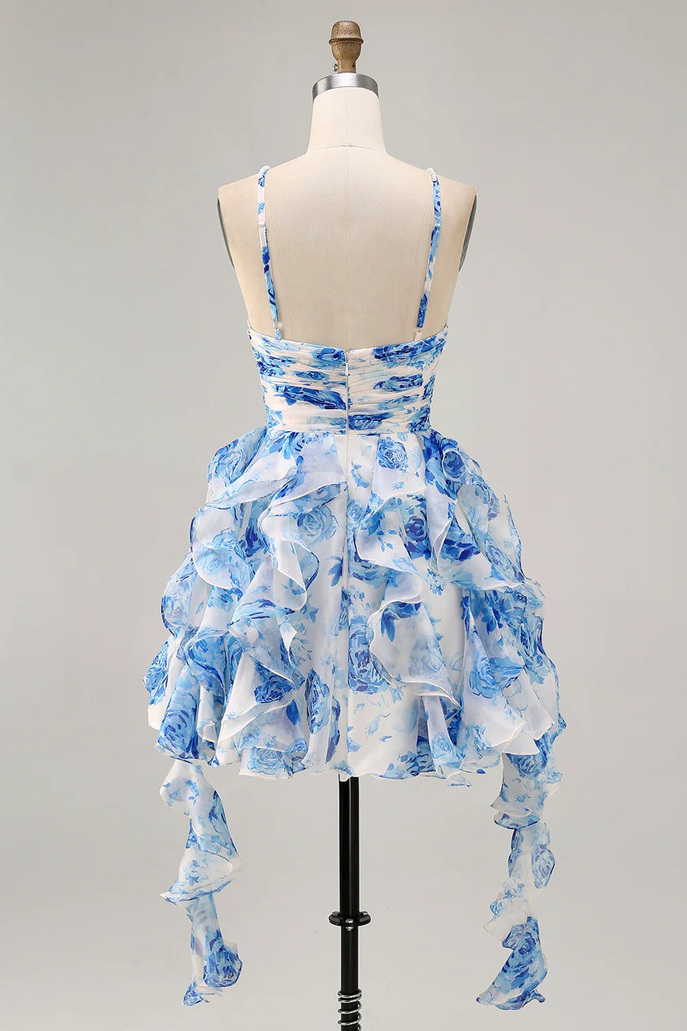 HEULORIA Pearl Beaded Straps Floral Ruffle Mini Homecoming Dress - Whimsical Tiered Rose Print Cocktail Gown ED-614