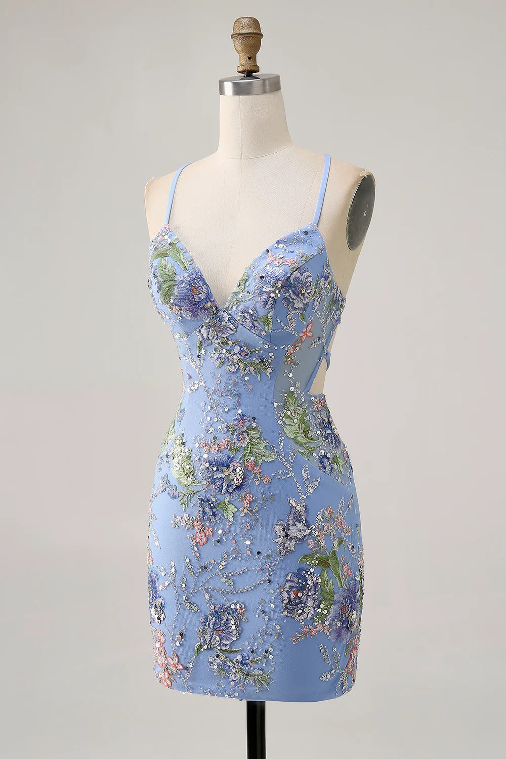 HEULORIA Floral Embroidered Sequin Bodycon Mini Dress with Sheer Mesh Cut-outs and Lace-Up Back ED-597