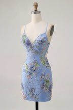 HEULORIA Floral Embroidered Sequin Bodycon Mini Dress with Sheer Mesh Cut-outs and Lace-Up Back ED-597