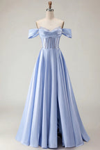 HEULORIA Off-the-Shoulder Sequin Beaded Satin Prom Dress with Slit & Corset Back ED-586