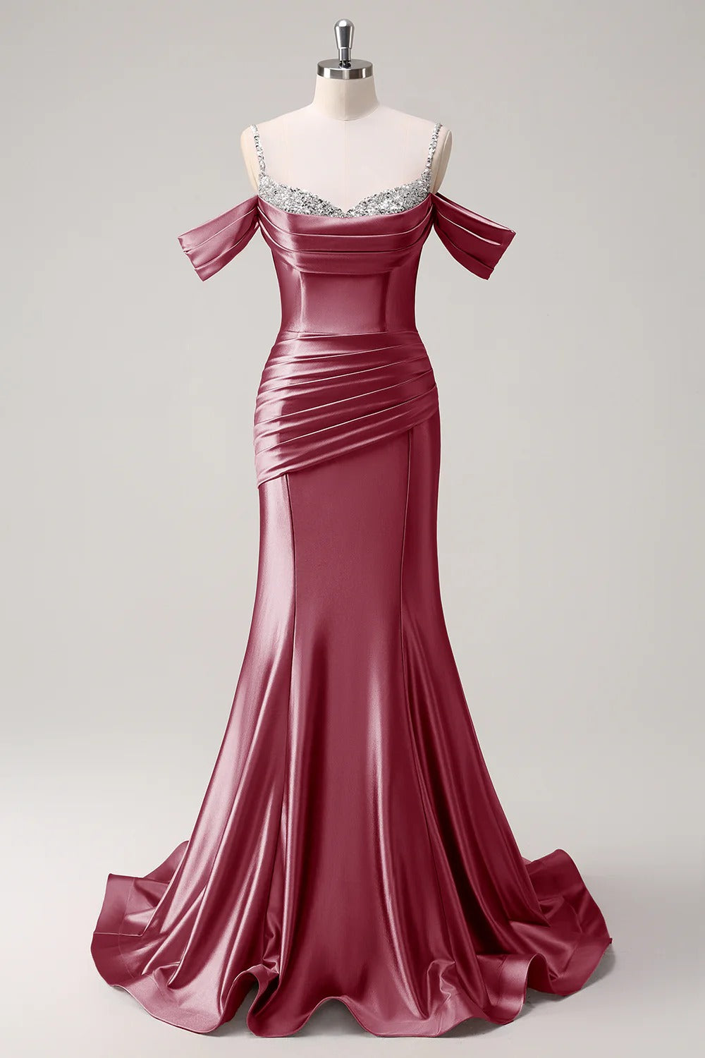 HEULORIA Elegant Ruched Satin Mermaid Evening Gown with Crystal Embellished Straps & Off-the-Shoulder Sleeves ED-349