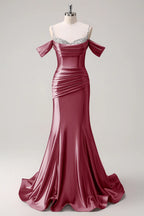 HEULORIA Elegant Ruched Satin Mermaid Evening Gown with Crystal Embellished Straps & Off-the-Shoulder Sleeves ED-349