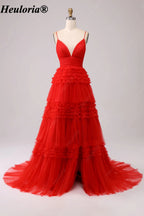 HEULORIA V-Neck Tiered Glitter Tulle Prom Dress with Spaghetti Straps ED-364