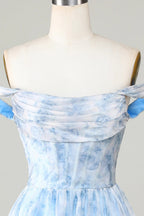 HEULORIA Ethereal Watercolor Floral Off-the-Shoulder Tiered Mini Dress ED-600
