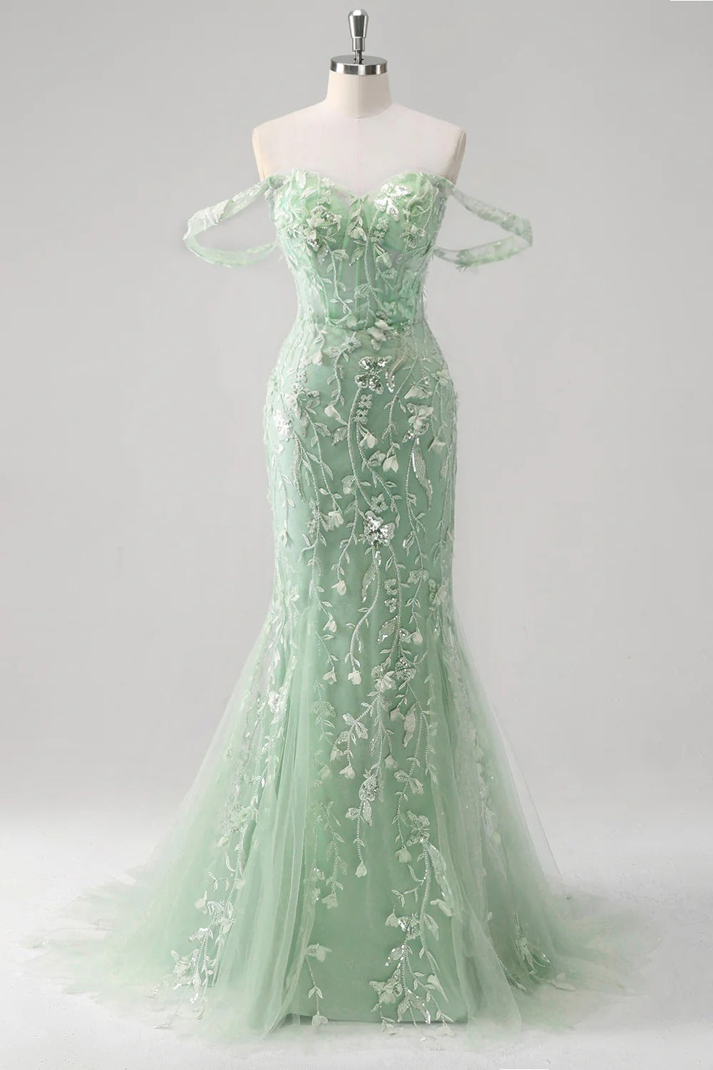 HEULORIA Enchanting Sky Blue 3D Floral Mermaid Prom Dress - Detachable Off-the-Shoulder Corset Evening Gown ED-350
