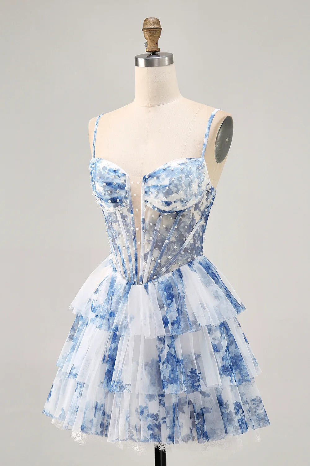 HEULORIA Whimsical Blue Floral Pearl Beaded Corset Mini Dress - Tiered Pleated Tulle Party Gown ED-613