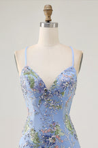 HEULORIA Floral Embroidered Sequin Bodycon Mini Dress with Sheer Mesh Cut-outs and Lace-Up Back ED-597