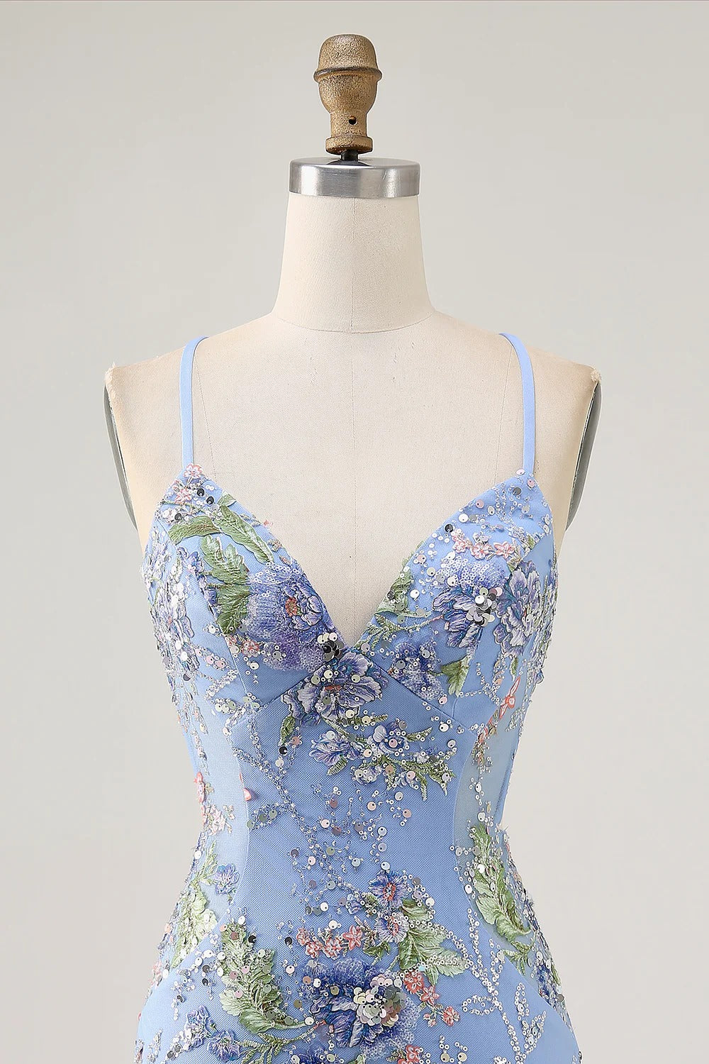 HEULORIA Floral Embroidered Sequin Bodycon Mini Dress with Sheer Mesh Cut-outs and Lace-Up Back ED-597