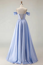 HEULORIA Off-the-Shoulder Sequin Beaded Satin Prom Dress with Slit & Corset Back ED-586