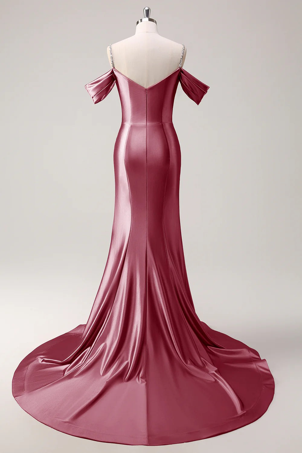 HEULORIA Elegant Ruched Satin Mermaid Evening Gown with Crystal Embellished Straps & Off-the-Shoulder Sleeves ED-349