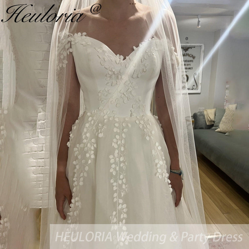 HEULORIA Illusion Off The Shoulder A-Line Wedding Dresses Appliques Lace Country Bridal Gowns Robe De Mariée Customized AL-QK1
