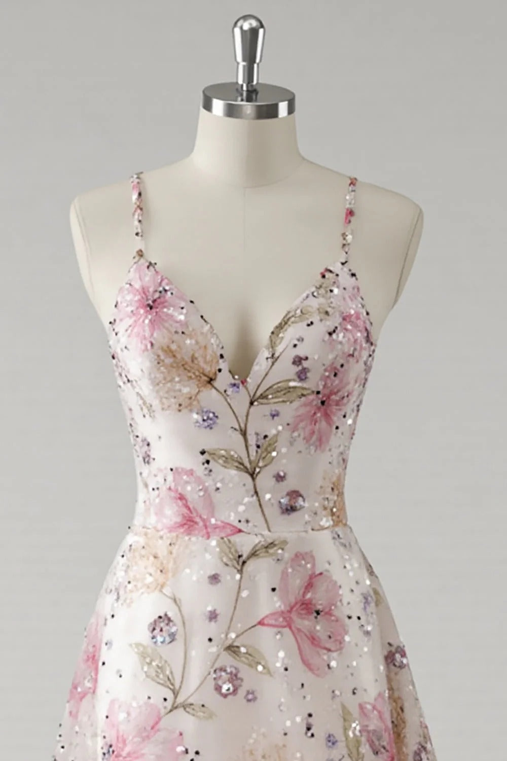 HEULORIA Enchanting Floral Embroidery Sequin A-Line Prom Dress with Spaghetti Straps & V-Neck ED-651
