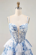 HEULORIA Whimsical Blue Floral Pearl Beaded Corset Mini Dress - Tiered Pleated Tulle Party Gown ED-613