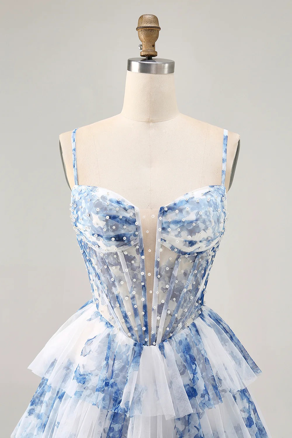 HEULORIA Whimsical Blue Floral Pearl Beaded Corset Mini Dress - Tiered Pleated Tulle Party Gown ED-613