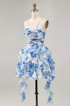 HEULORIA Pearl Beaded Straps Floral Ruffle Mini Homecoming Dress - Whimsical Tiered Rose Print Cocktail Gown ED-614