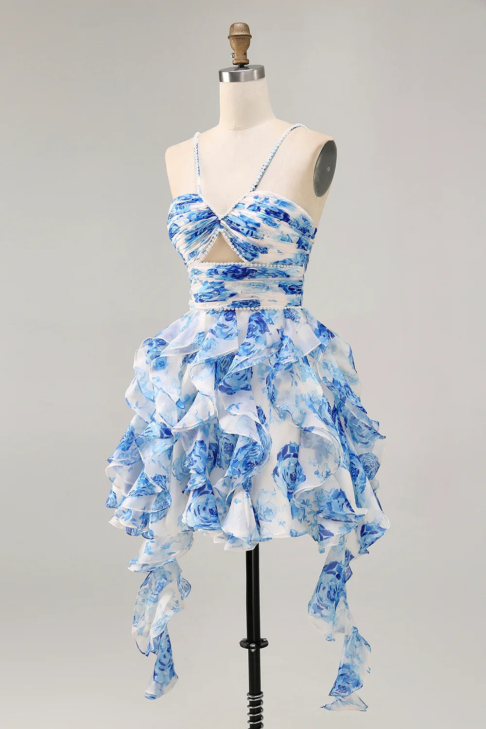 HEULORIA Pearl Beaded Straps Floral Ruffle Mini Homecoming Dress - Whimsical Tiered Rose Print Cocktail Gown ED-614