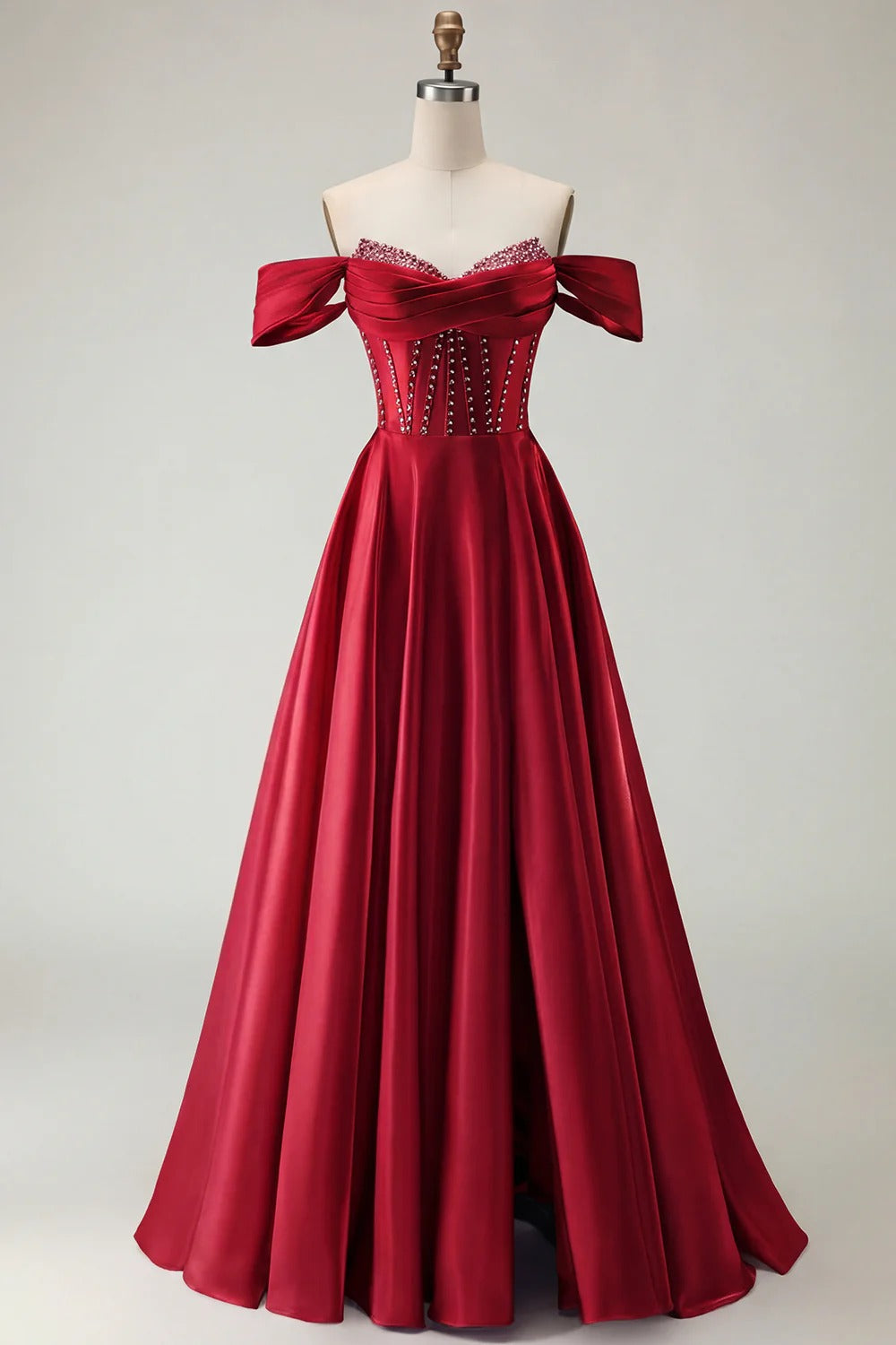 HEULORIA Off-the-Shoulder Sequin Beaded Satin Prom Dress with Slit & Corset Back ED-586