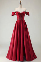 HEULORIA Off-the-Shoulder Sequin Beaded Satin Prom Dress with Slit & Corset Back ED-586