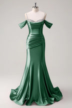 HEULORIA Elegant Ruched Satin Mermaid Evening Gown with Crystal Embellished Straps & Off-the-Shoulder Sleeves ED-349