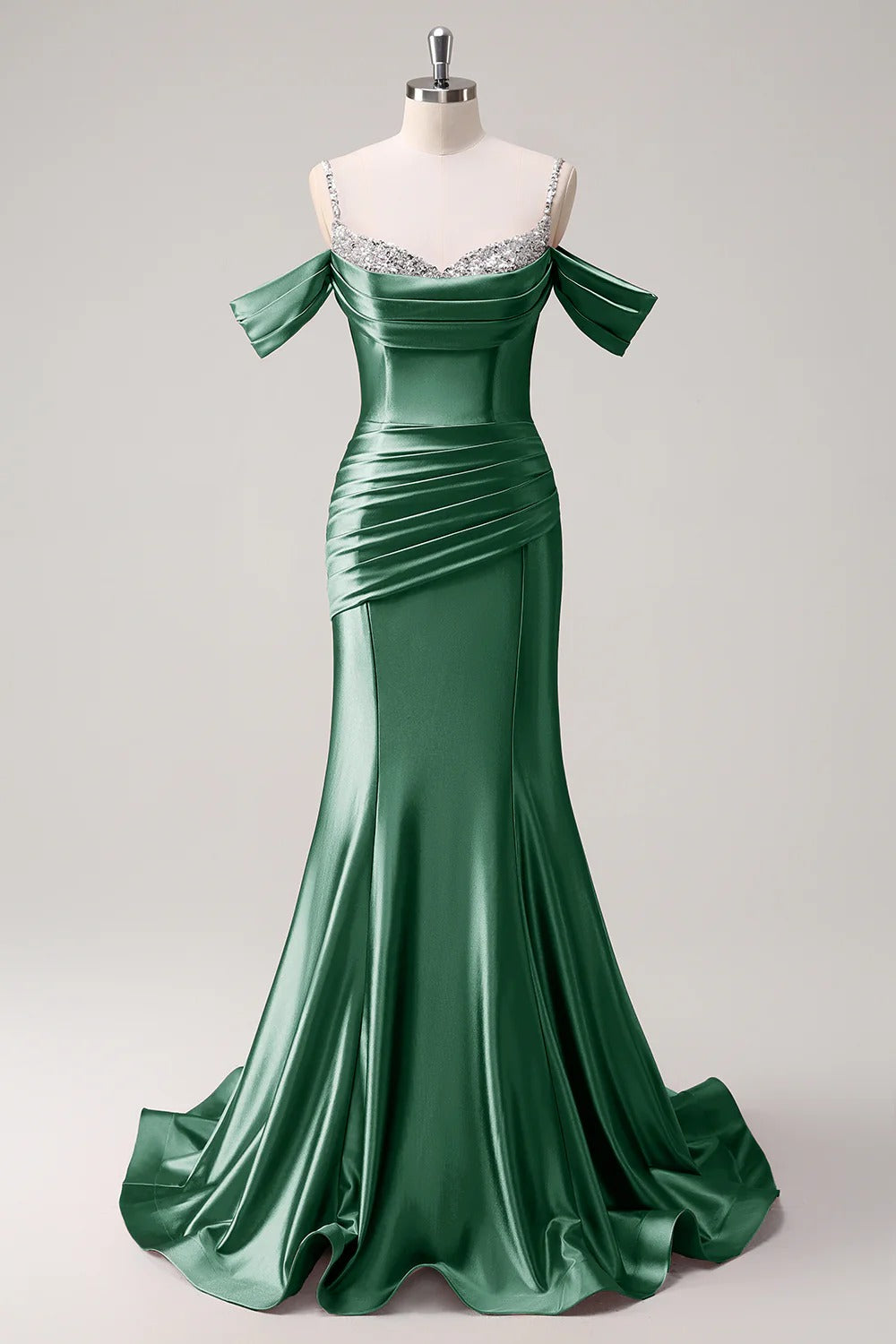HEULORIA Elegant Ruched Satin Mermaid Evening Gown with Crystal Embellished Straps & Off-the-Shoulder Sleeves ED-349