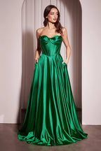 HEULORIA Strapless Sweetheart Satin Corset Prom Dress with Slit and Pockets ED-199