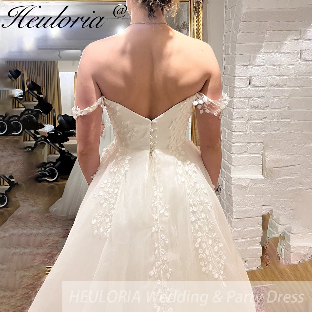 HEULORIA Illusion Off The Shoulder A-Line Wedding Dresses Appliques Lace Country Bridal Gowns Robe De Mariée Customized AL-QK1