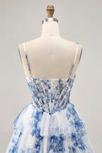 HEULORIA Whimsical Blue Floral Pearl Beaded Corset Mini Dress - Tiered Pleated Tulle Party Gown ED-613