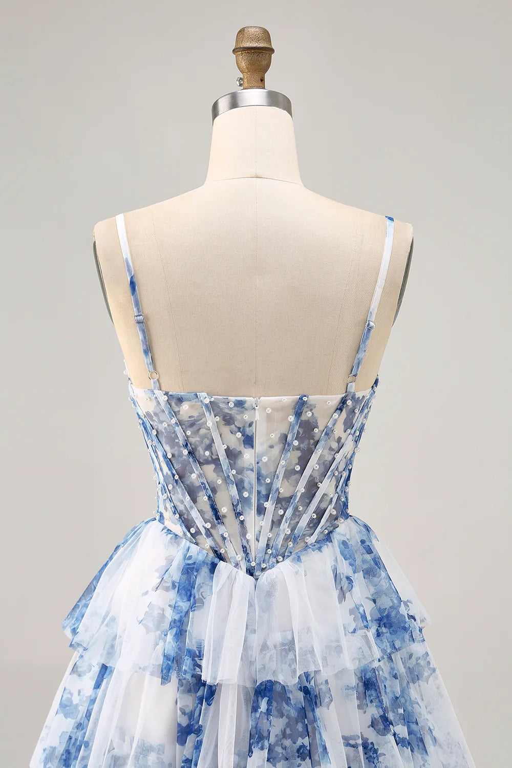 HEULORIA Whimsical Blue Floral Pearl Beaded Corset Mini Dress - Tiered Pleated Tulle Party Gown ED-613