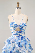 HEULORIA Pearl Beaded Straps Floral Ruffle Mini Homecoming Dress - Whimsical Tiered Rose Print Cocktail Gown ED-614