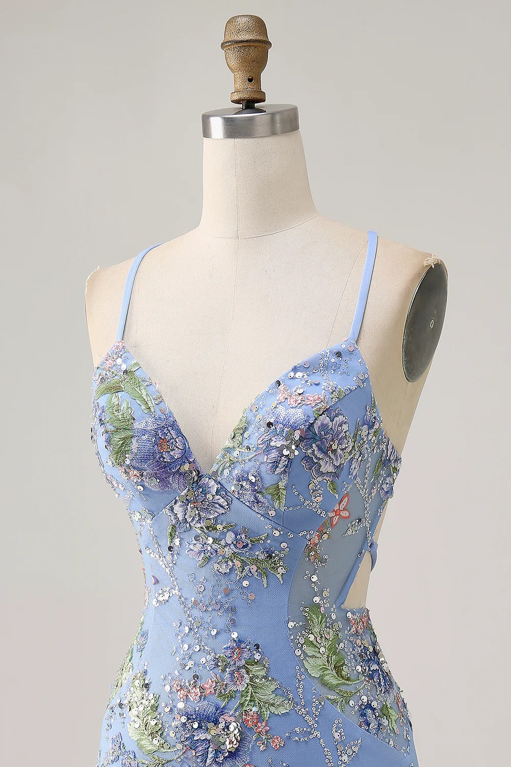 HEULORIA Floral Embroidered Sequin Bodycon Mini Dress with Sheer Mesh Cut-outs and Lace-Up Back ED-597