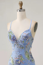HEULORIA Floral Embroidered Sequin Bodycon Mini Dress with Sheer Mesh Cut-outs and Lace-Up Back ED-597