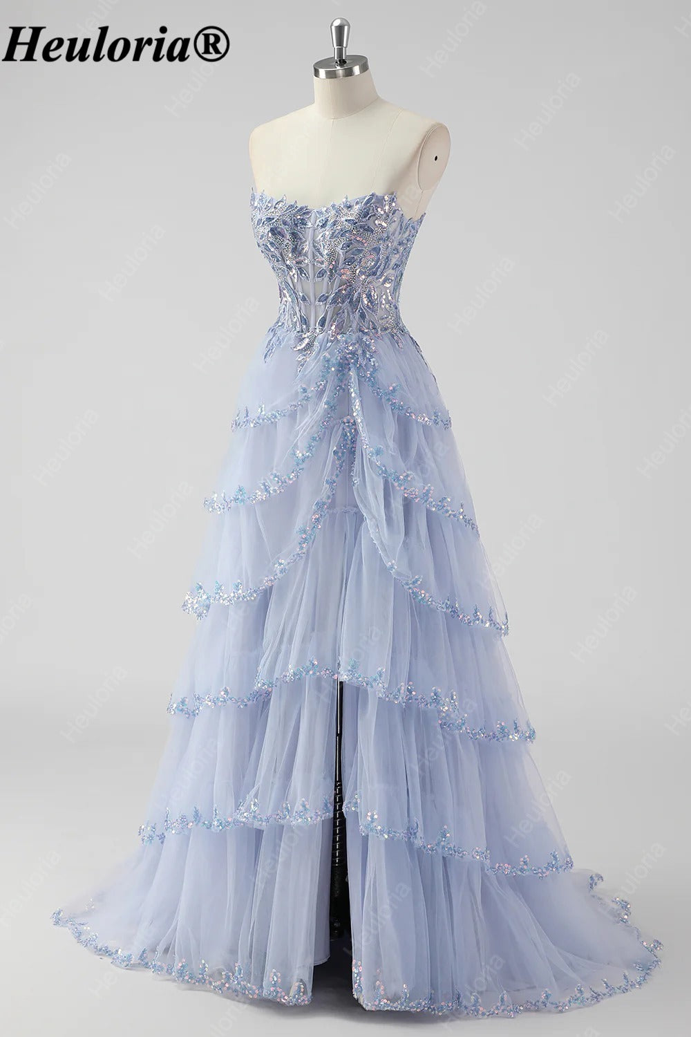 HEULORIA Sequin Lace Tiered Tulle Prom Dress with Spaghetti Straps ED-577