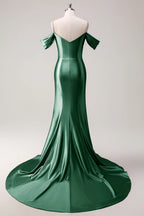 HEULORIA Elegant Ruched Satin Mermaid Evening Gown with Crystal Embellished Straps & Off-the-Shoulder Sleeves ED-349