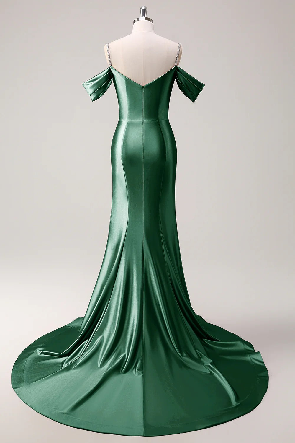 HEULORIA Elegant Ruched Satin Mermaid Evening Gown with Crystal Embellished Straps & Off-the-Shoulder Sleeves ED-349