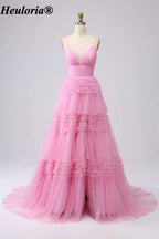 HEULORIA V-Neck Tiered Glitter Tulle Prom Dress with Spaghetti Straps ED-364