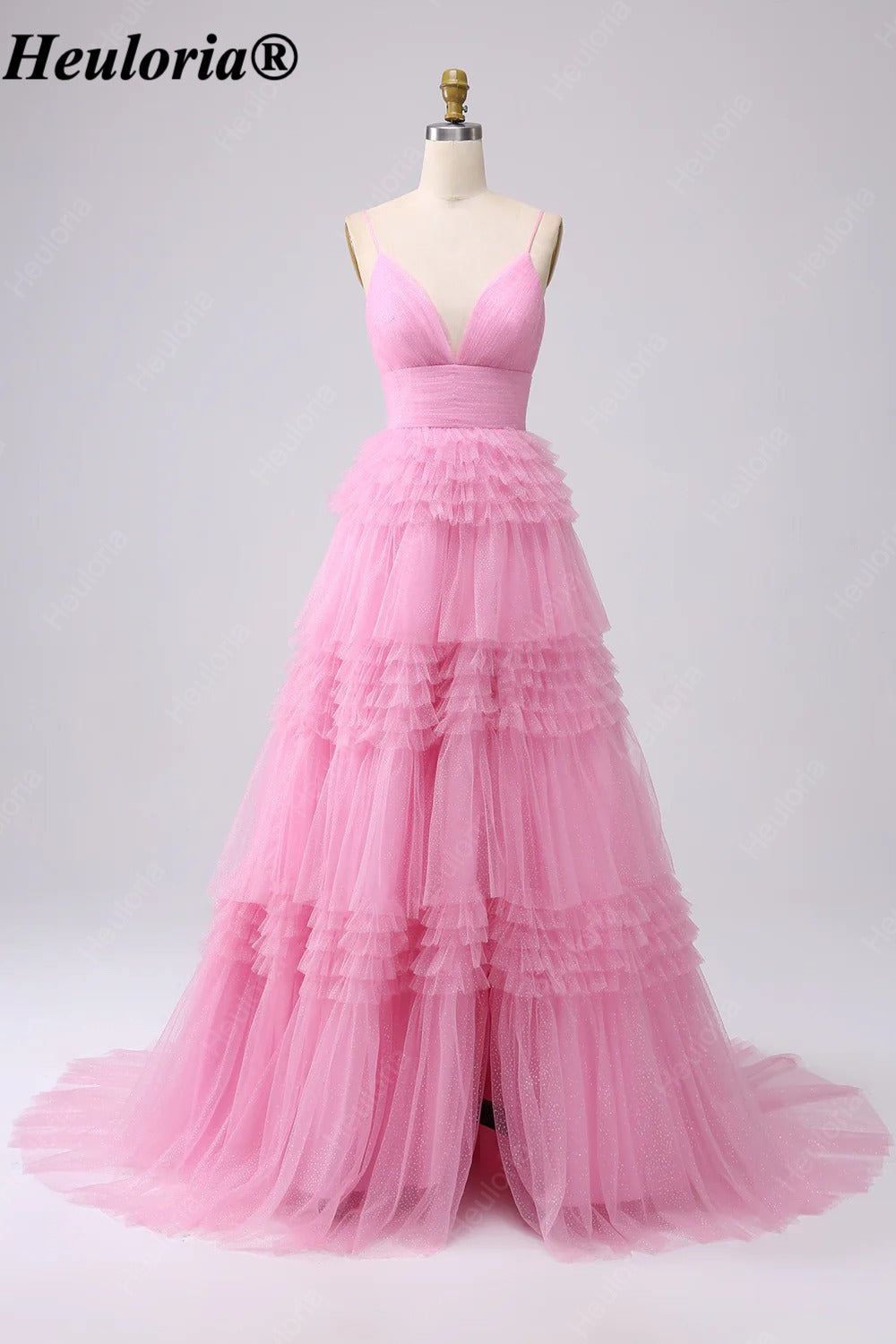 HEULORIA V-Neck Tiered Glitter Tulle Prom Dress with Spaghetti Straps ED-364
