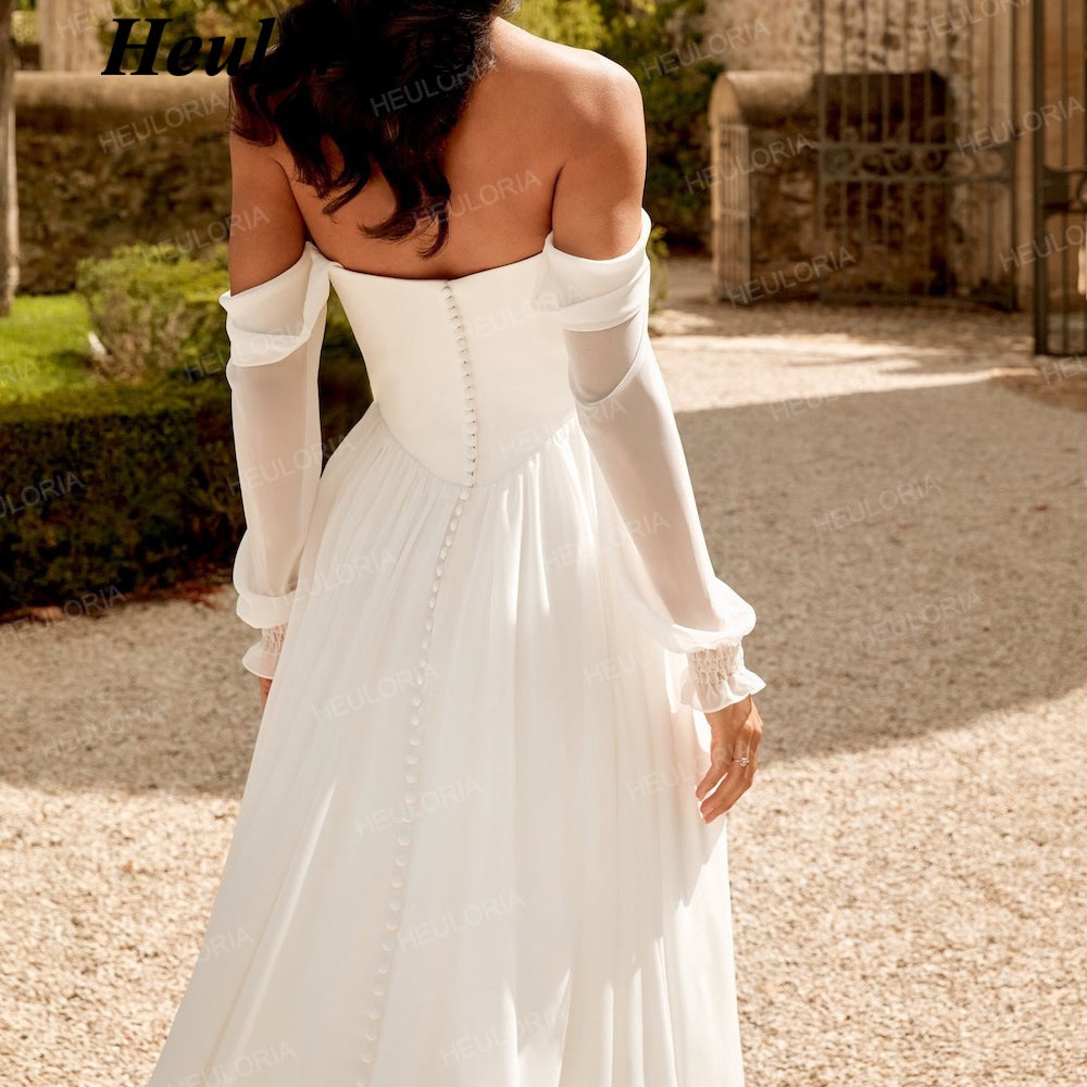 HEULORIA Elegant Off-the-Shoulder Long Sleeve Crepe A-Line Wedding Dress with Basque Waist AL-QK205
