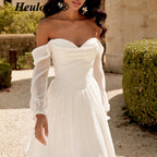 HEULORIA Elegant Off-the-Shoulder Long Sleeve Crepe A-Line Wedding Dress with Basque Waist AL-QK205