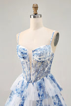 HEULORIA Whimsical Blue Floral Pearl Beaded Corset Mini Dress - Tiered Pleated Tulle Party Gown ED-613