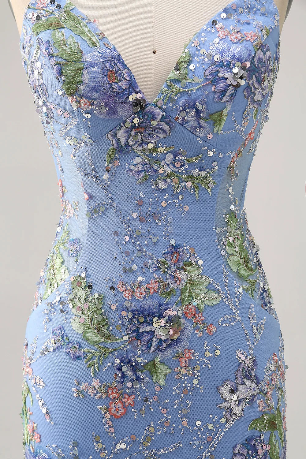 HEULORIA Floral Embroidered Sequin Bodycon Mini Dress with Sheer Mesh Cut-outs and Lace-Up Back ED-597