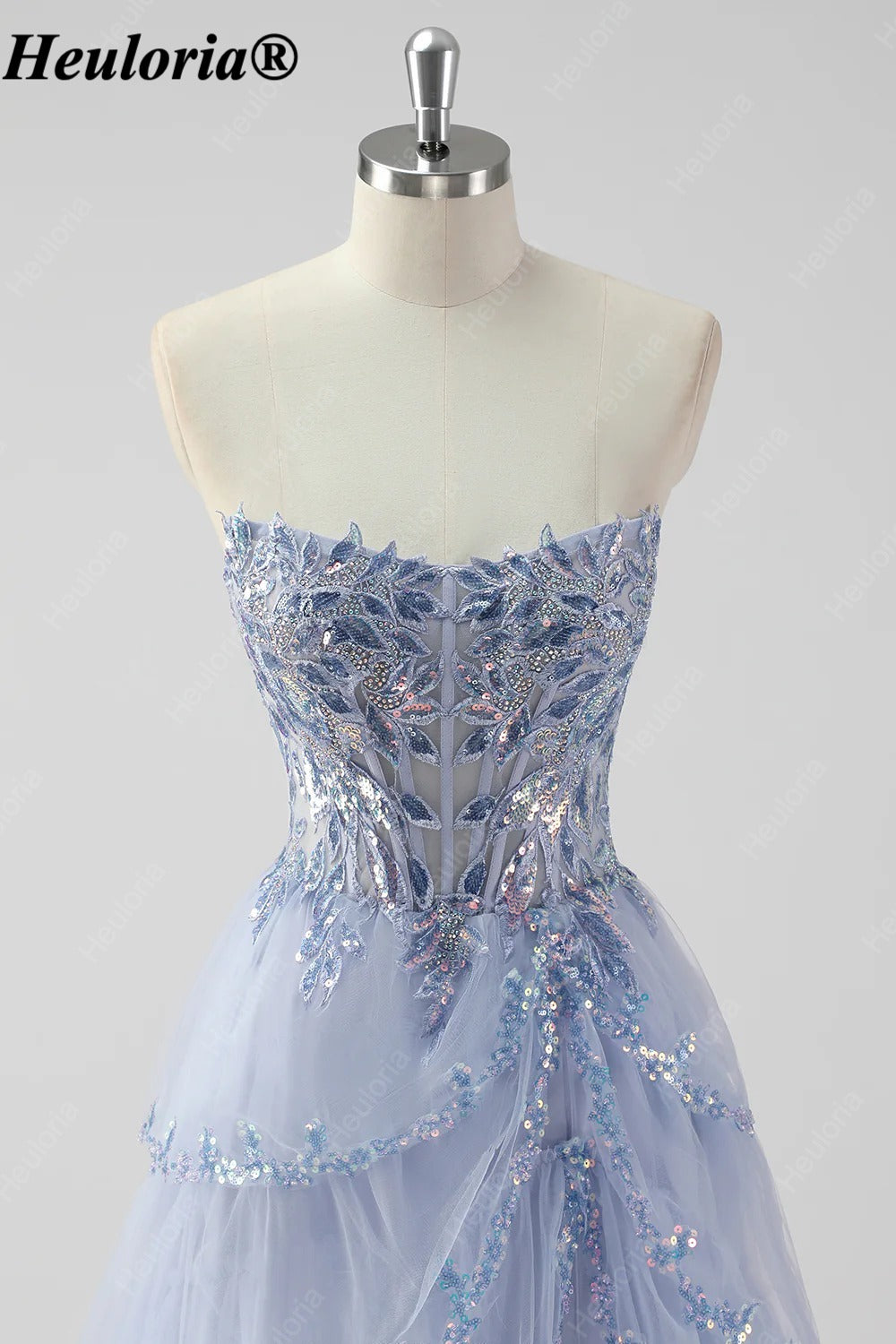 HEULORIA Sequin Lace Tiered Tulle Prom Dress with Spaghetti Straps ED-577