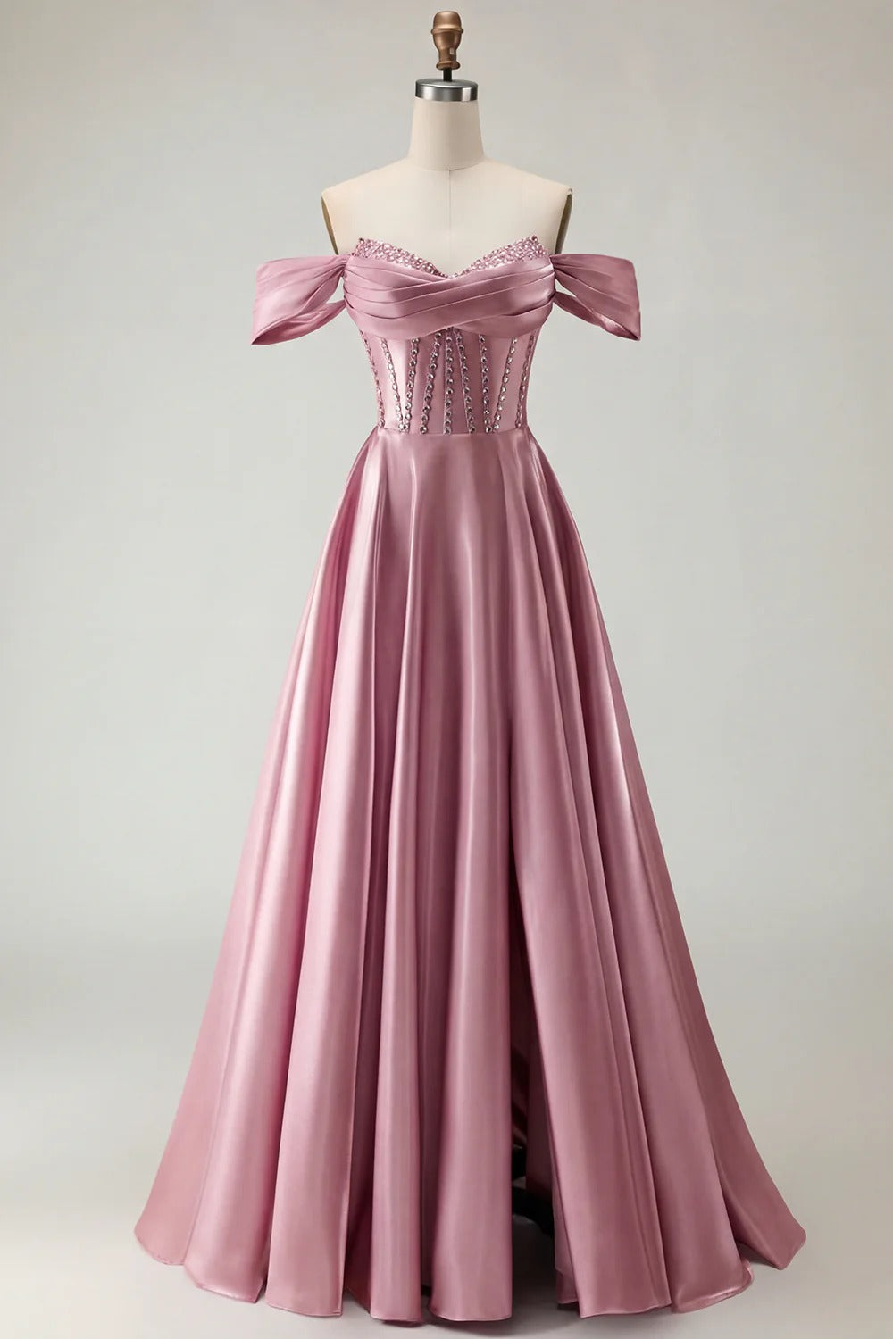 HEULORIA Off-the-Shoulder Sequin Beaded Satin Prom Dress with Slit & Corset Back ED-586