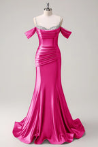 HEULORIA Elegant Ruched Satin Mermaid Evening Gown with Crystal Embellished Straps & Off-the-Shoulder Sleeves ED-349