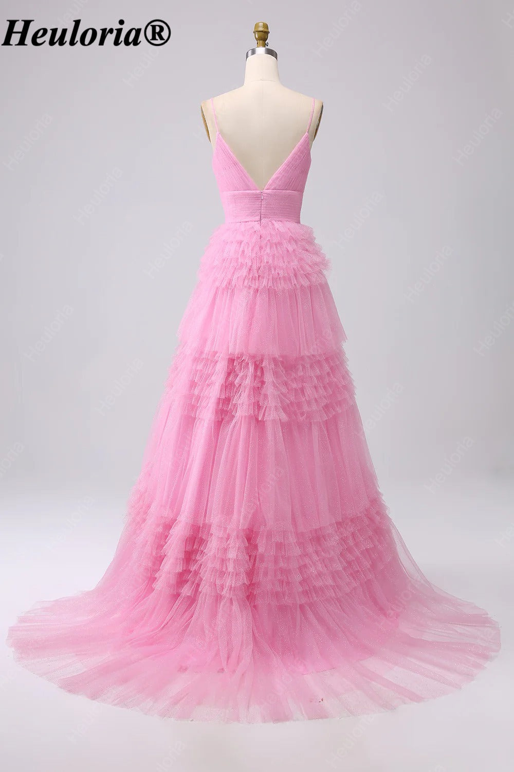 HEULORIA V-Neck Tiered Glitter Tulle Prom Dress with Spaghetti Straps ED-364